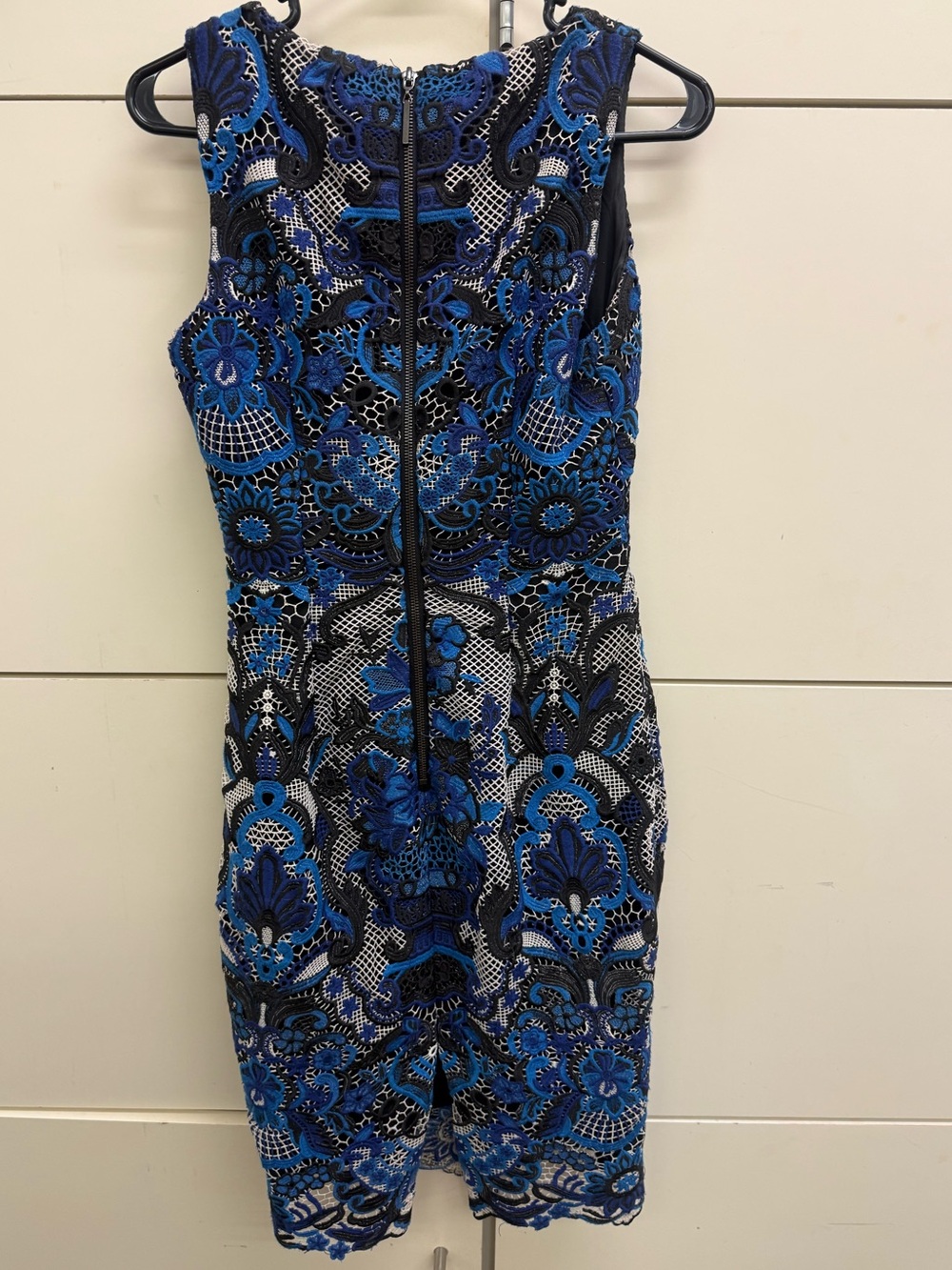 Badgley Mischka Blue Patterned Lace/Mesh Overlay Midi Sheath Dress - Picture 5 of 12
